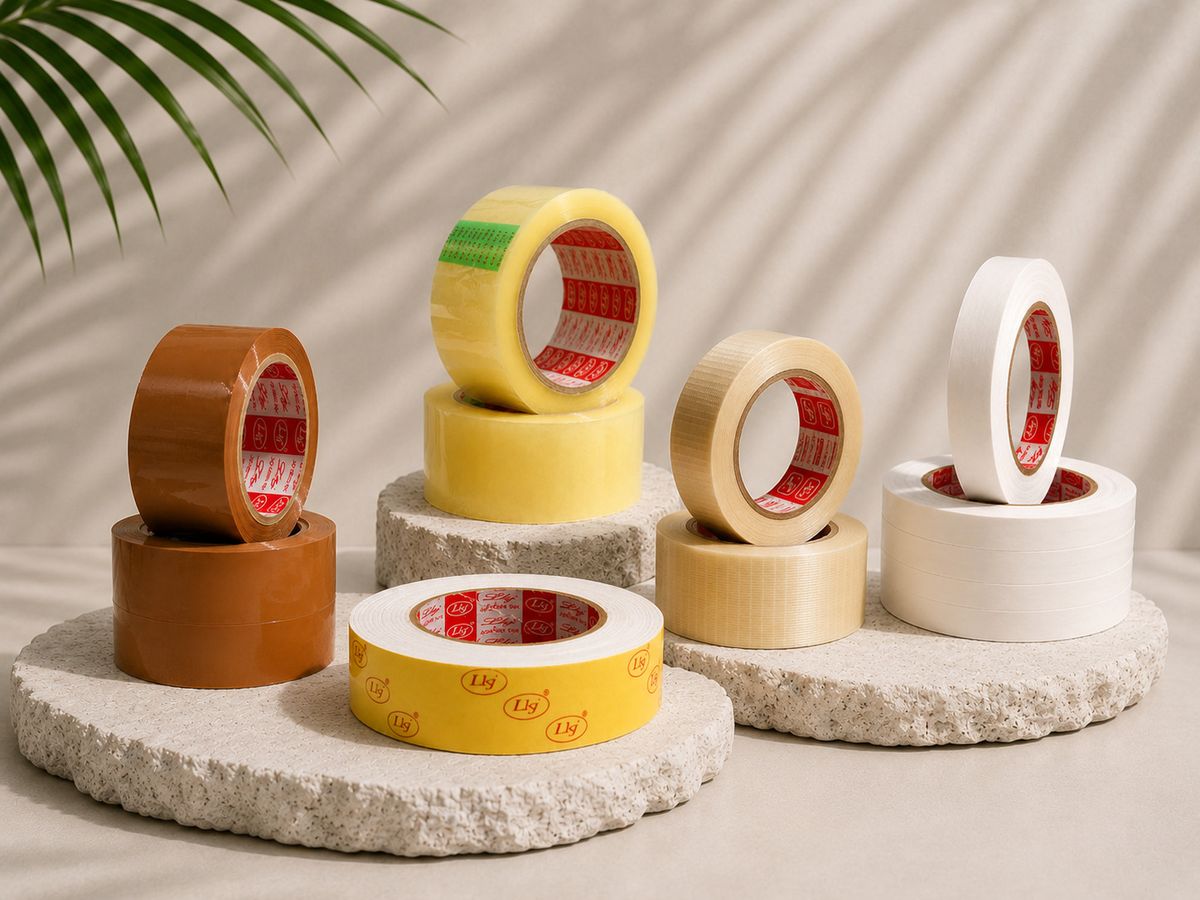 LKJ®-branded tape range, BOPP brown carton sealing, double-sided tissue, cross filament & specialty tapes manufactured by Lalit Jain Industries in Sonipat since 1987